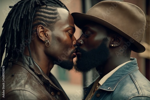 Middle aged fashionable black gay couple deep in love and intimate moment. Have a romantic time. Instagrammable photo shot. Generative AI