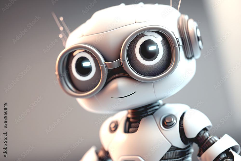 Close-up portrait of a stylish cute robot smiling with crossed arms and glasses Close-up portrait of a stylish cute robot smiling with crossed arms and glasses