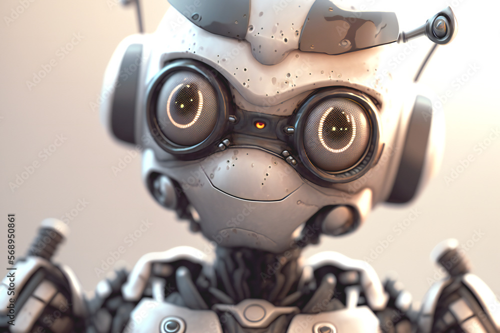 Close-up portrait of a stylish cute robot smiling with crossed arms and glasses Close-up portrait of a stylish cute robot smiling with crossed arms and glasses