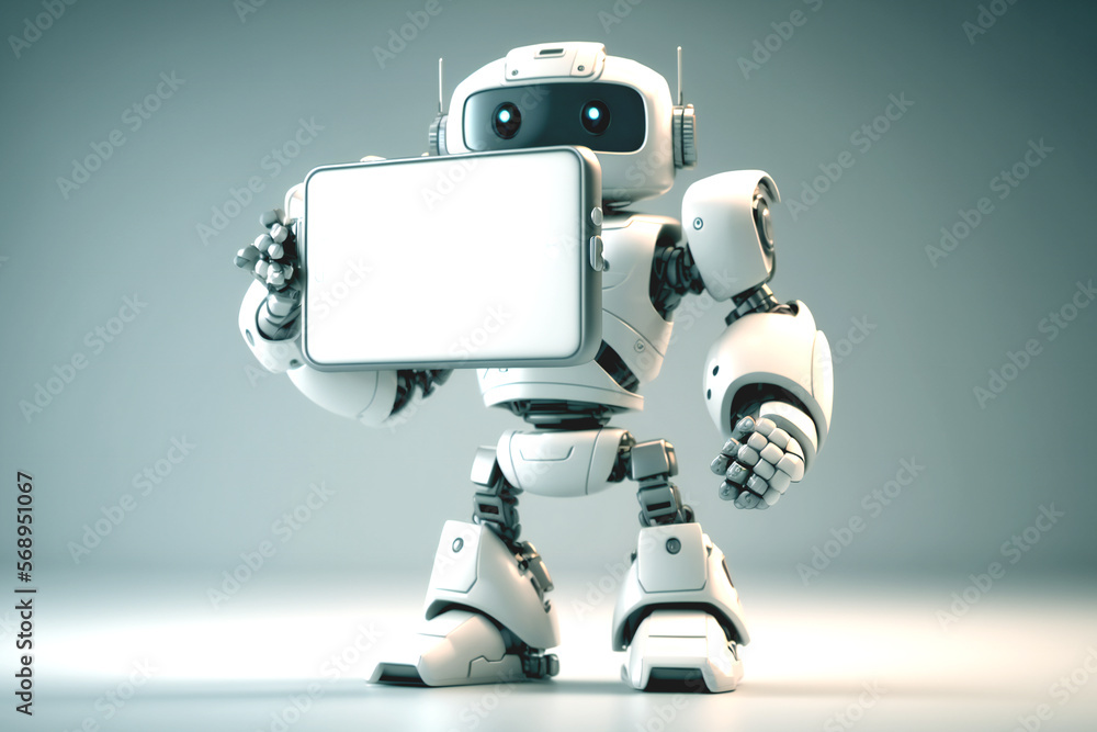 A cute robot holding a large smartphone, looking at the camera and pointing excitedly at the device A cute robot holding a large smartphone, looking at the camera and pointing excitedly at the device
