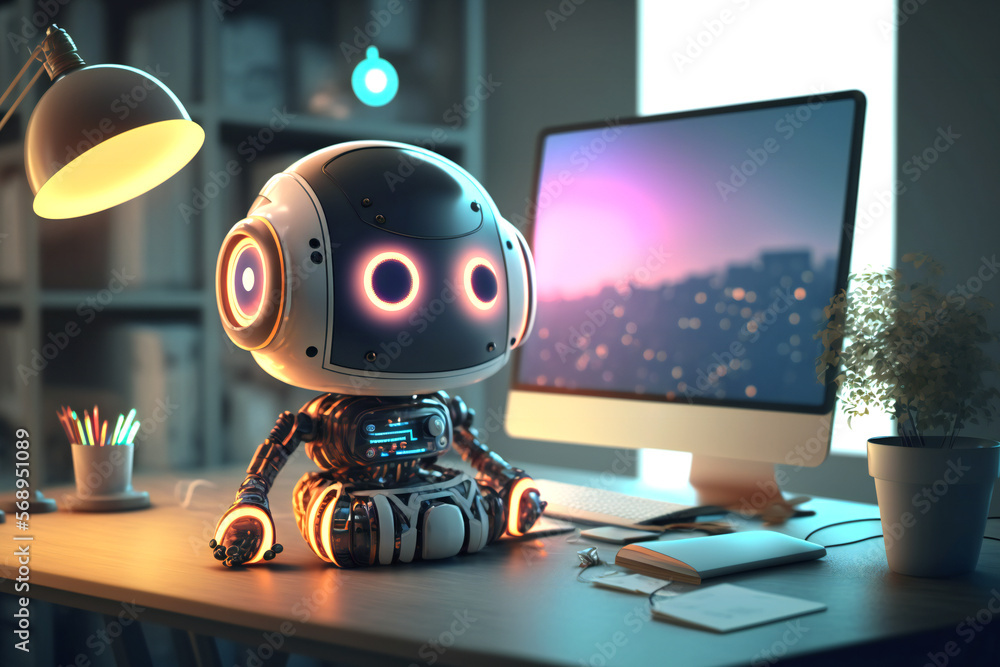 A cute robot Entrepreneur in home office happily looks at camera with smile A cute robot Entrepreneur in home office happily looks at camera with smile