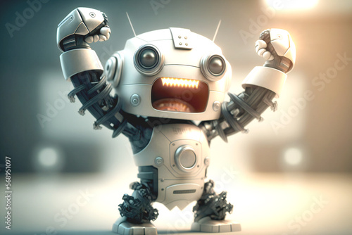 Overjoyed cute robot celebrating victory with raised arms and triumphant smile