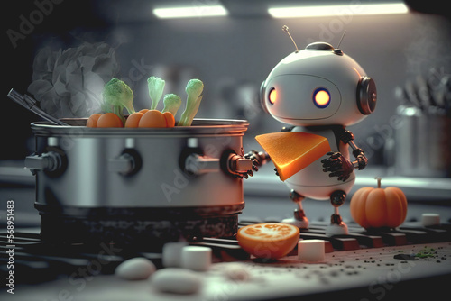 A Cute robot prepares a healthy meal by cooking vegetables in a frying pan on a stove photo
