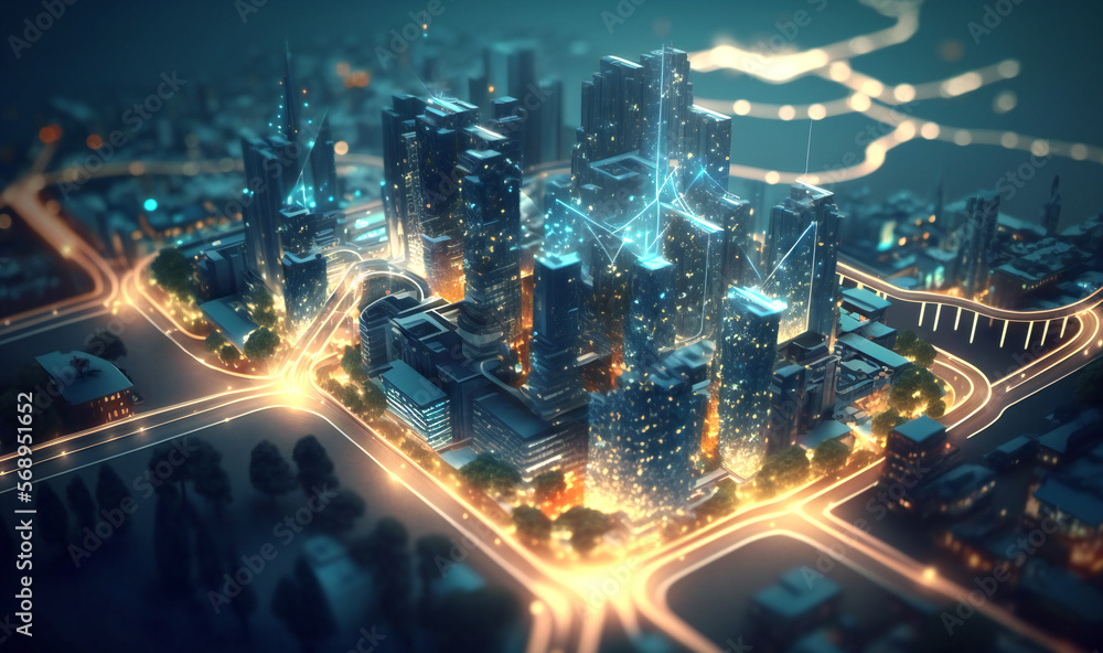 A modern and sophisticated representation of a smart city, dot points connected by aesthetic wave lines, conveying the concept of big data technology