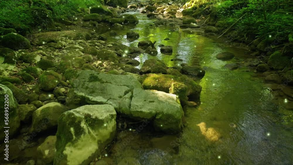 Magic fairy tale forest river with flickering firefly fly animation. Drone shot. Backwards flying. Magic fairy tale forest river with flickering firefly fly animation. Drone shot. Backwards flying.