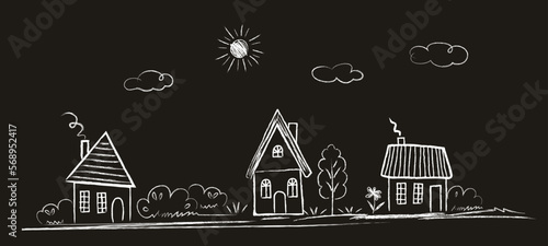 Houses, street, trees, bushes, landscape, sun, clouds - scribbles are drawn by a child's hand with chalk on asphalt or on a blackboard. White lines on a black and blue background