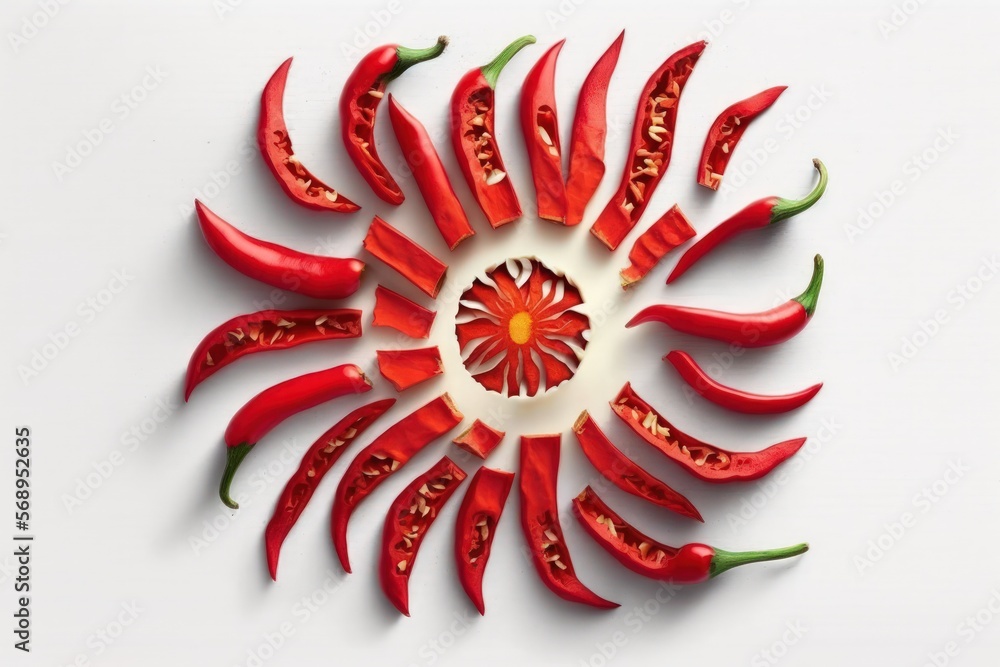 Detailed top view Sliced red chili pepper on a white background representing a raw culinary ingredient. Generative AI Detailed top view Sliced red chili pepper on a white background representing a raw culinary ingredient. Generative AI