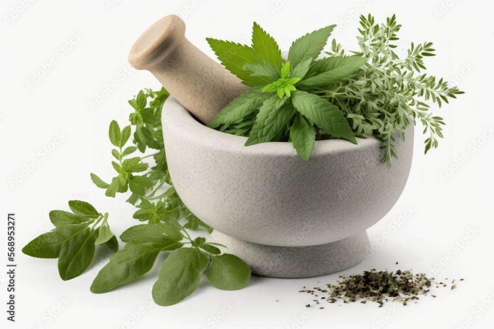 Fresh herbs in a mortar, isolated on a white background. Generative AI
