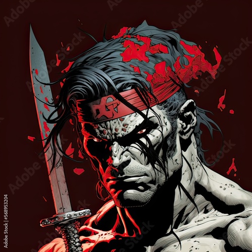A bloody demonic warrior, with a spear in comics style