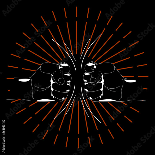 Confrontation, struggle.  Two fists collide.  On a black background.  Vintage illustration.  Flat style.  Vector