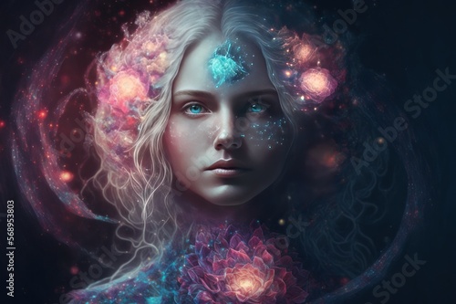 Portrait of Blonde Angel with Blue Eyes her Third Eye is Open Communicating through Telepathy - A Cosmic Fantasy Character radiating Light and Energy. Generative AI illustration 