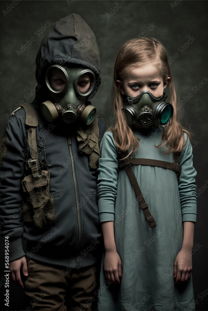 Boy and girl with gas mask depicting consequences of global warming, air pollution and war, created with Generative AI technology Boy and girl with gas mask depicting consequences of global warming, air pollution and war, created with Generative AI technology