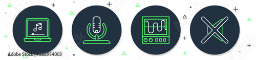 Set line Microphone, Oscilloscope, Laptop with music note and Speaker mute icon. Vector