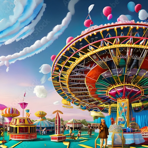 A surrealist carnival with a Ferris wheel made of clouds and floating cotton candy stands2, Generative AI
