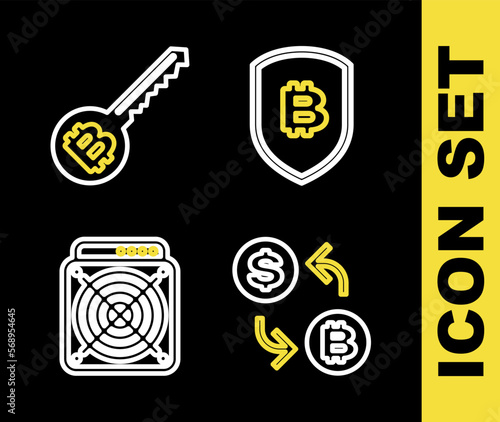 Set line Shield with bitcoin, Processor chip dollar, ASIC Miner and Cryptocurrency key icon. Vector