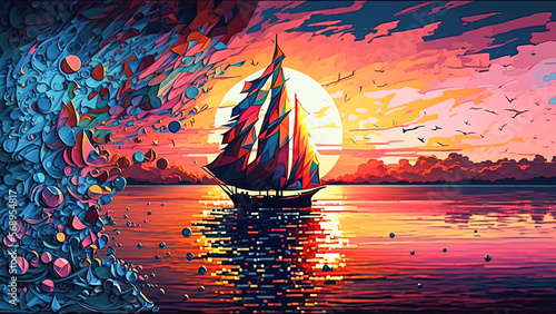 Seascape and sailboat with a colorful sunset, neo-impressionism painting, post-produced generative ai photo