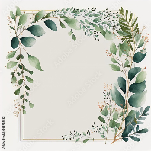 Watercolor - illustration with green gold leaves and branches, for wedding stationary, greetings, wallpapers, fashion, backgrounds, textures, DIY, wrappers, cards. Generative AI