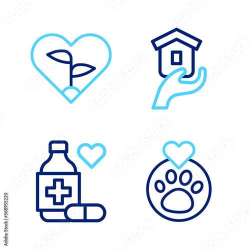 Set line Heart with animals footprint, Medicine bottle and pills, Shelter for homeless and Leaf heart icon. Vector