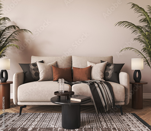 Home interior with light beige sofa, table and decor in boho scandi living room. Wall mock up. 3d render. High quality 3d illustration photo