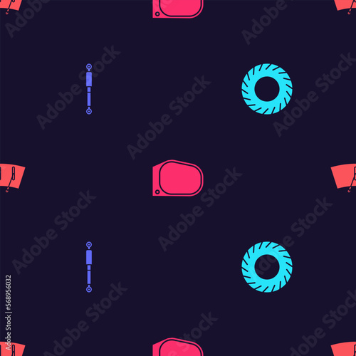 Set Car tire, Shock absorber, mirror and Windscreen wiper on seamless pattern. Vector