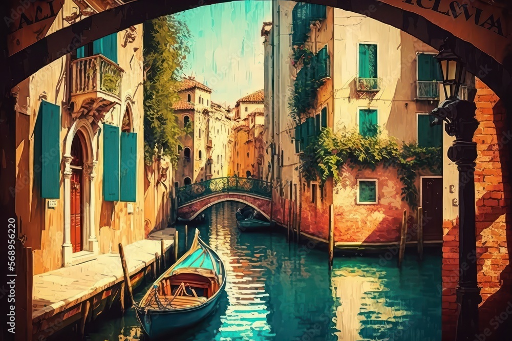 Colorful Venice Canal Painting with Gondola - Travel Poster and