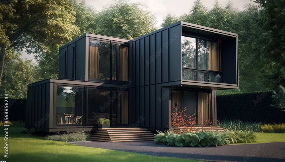 Obraz premium concept of sustainability and recycle , black shipping container box remake as restaurant, office or house, modern and Contemporary design, Generative Ai 
