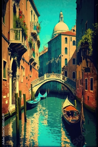 Colour Cityscape Artwork of the City Venice in Italy with a Gondola in the Canal - Italian Tourism Travel Poster and Wallpaper with a Happy Romantic Style. Generative Ai Illustration