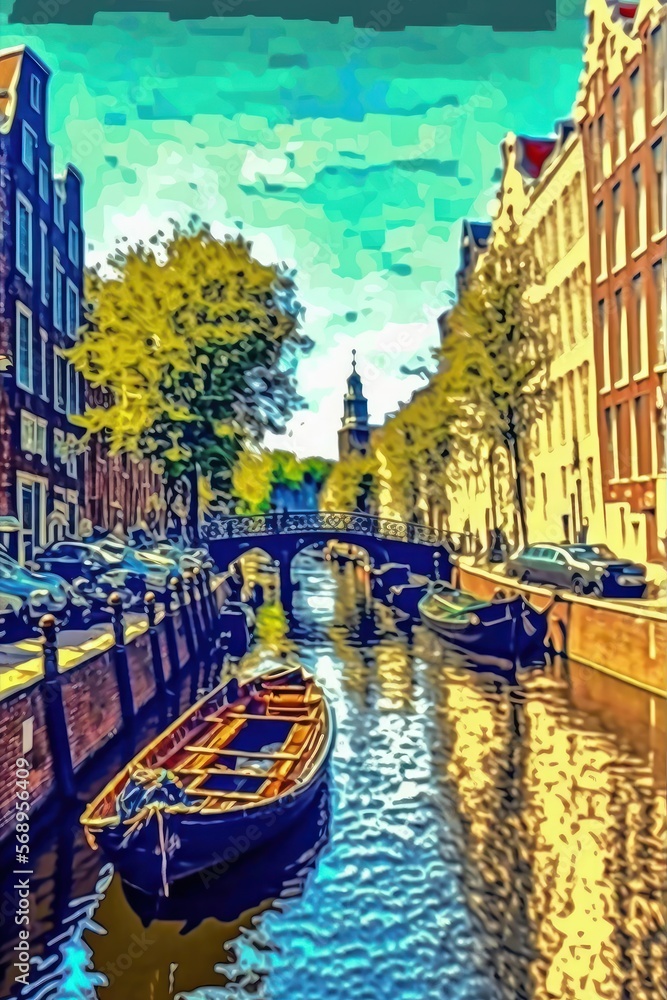 Canal in Amsterdam, the Netherlands in a Rembrandt Style Painting. Typical Dutch Cityscape Artwork. Tourism Travel Poster and Wallpaper. Generative AI Illustration