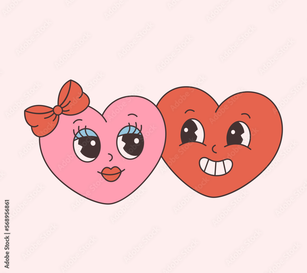 Trendy retro cartoon heart characters, love couple. Groovy style, vintage, 70s 60s aesthetics. Valentines day. Vector illustration in flat style Trendy retro cartoon heart characters, love couple. Groovy style, vintage, 70s 60s aesthetics. Valentines day. Vector illustration in flat style