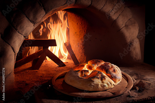 Selbstgebackenes frisches Brot vor einem brennenden Ofen  - Generative Ai