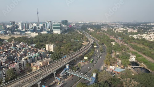 Aerial Drone Shot Of Delhi Metro train at pitampura tv tower metro station netaji subhash place Nsp  in Delhi India photo