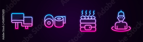 Set line Sauna wood bench, Toilet paper roll, Hot sauna stones and Man in the. Glowing neon icon. Vector