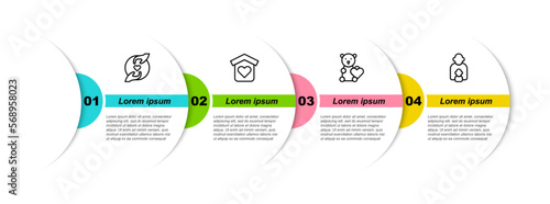 Set line Pleasant relationship, Shelter for homeless, Donate child toys and Taking care of children. Business infographic template. Vector