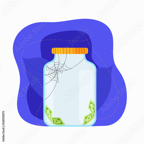 Money lost concept. Flat vector illustration with empty money jar. The flat illustration concept of bankruptcy and poverty.   