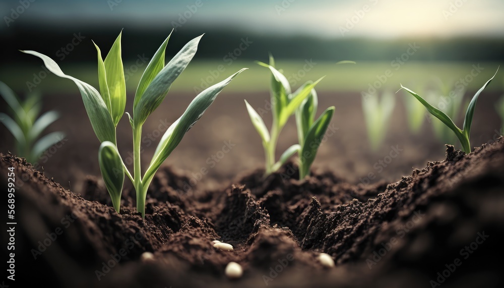 A springtime corn field featuring soft focus shots of freshly sprouted, green seedlings. In a farming region, young corn plants are flourishing in soil, AI Generative A springtime corn field featuring soft focus shots of freshly sprouted, green seedlings. In a farming region, young corn plants are flourishing in soil, AI Generative