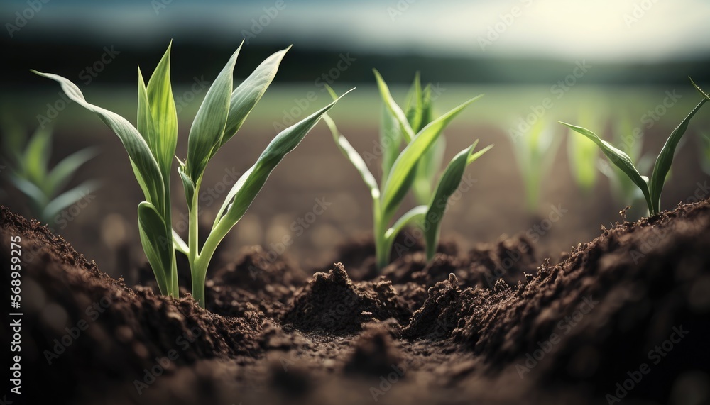 A springtime corn field featuring soft focus shots of freshly sprouted, green seedlings. In a farming region, young corn plants are flourishing in soil, AI Generative A springtime corn field featuring soft focus shots of freshly sprouted, green seedlings. In a farming region, young corn plants are flourishing in soil, AI Generative
