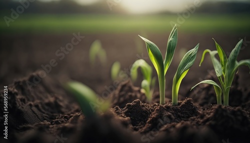 A springtime corn field featuring soft focus shots of freshly sprouted, green seedlings. In a farming region, young corn plants are flourishing in soil, AI Generative