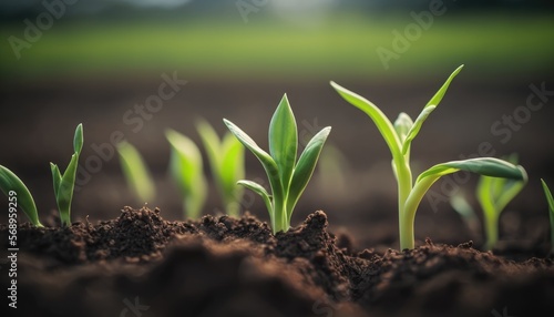 A springtime corn field featuring soft focus shots of freshly sprouted, green seedlings. In a farming region, young corn plants are flourishing in soil, AI Generative