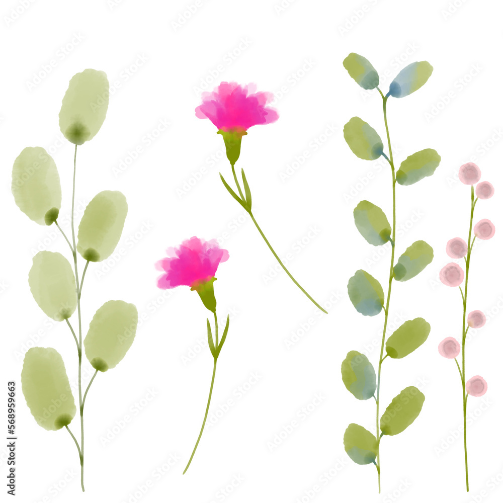 Watercolor flowers and leaves, digital drawing Watercolor flowers and leaves, digital drawing