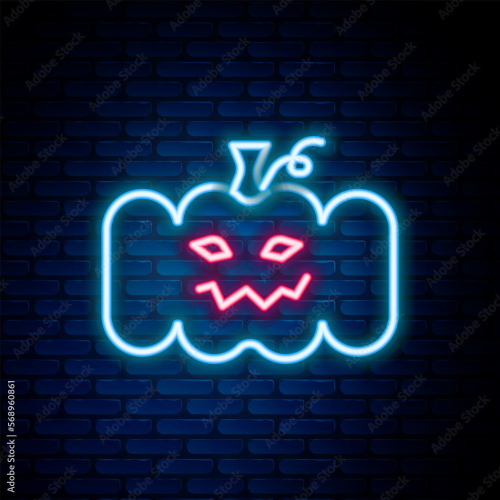 Glowing neon line Pumpkin icon isolated on brick wall background. Happy Halloween party. Colorful outline concept. Vector
