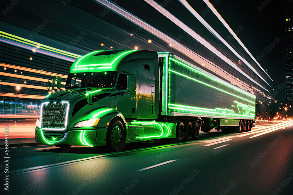 Eco-friendly logistics truck with green neon lights navigating through heavy traffic, generative ai