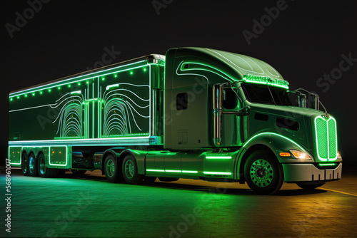 Eco-friendly logistics truck on the road illuminated by green neon lights, generative ai