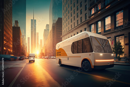 Electric delivery truck navigating city streets at sunrise, generative ai