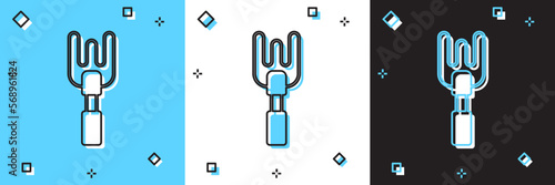 Set Garden rake icon isolated on blue and white, black background. Tool for horticulture, agriculture, farming. Ground cultivator. Housekeeping equipment. Vector