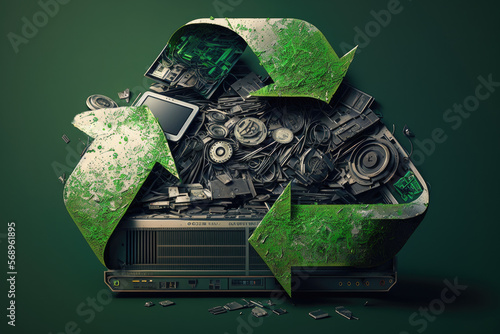 Green technology recycling center with machines sorting electronic waste, generative ai