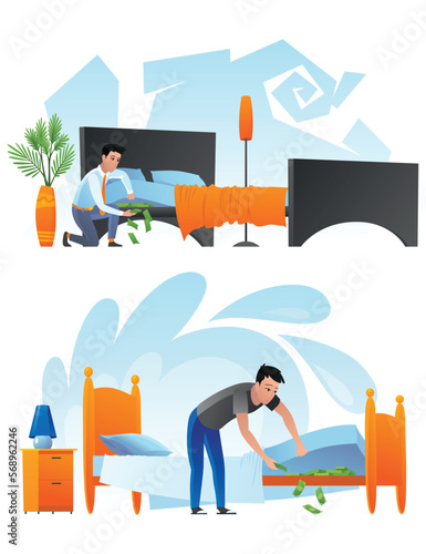 Man keep money under bed mattress. Male character poor financial literacy, cash saving, cartoon vector illustration isolated on white. Dollar stash in bad place, person get cash