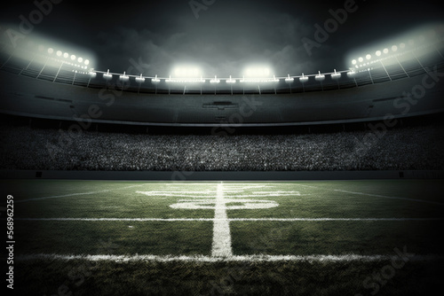 American Football Field Illuminated by Stadium Lights Background, Generative AI Digital Illustration