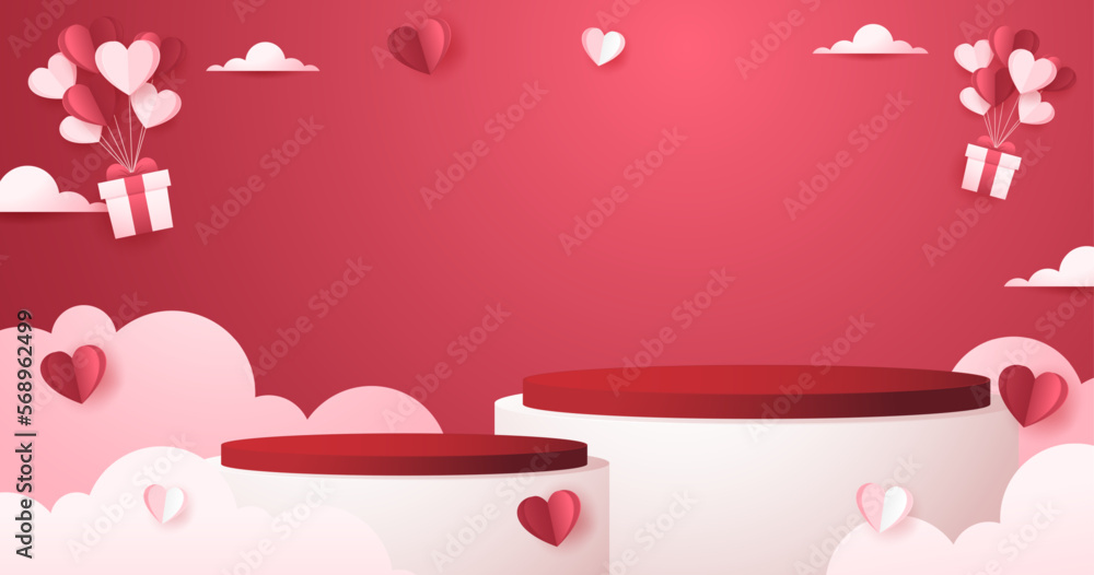 Valentine's day background with product display and Heart Shaped. Paper cut style. Red podium in Valentine's day.