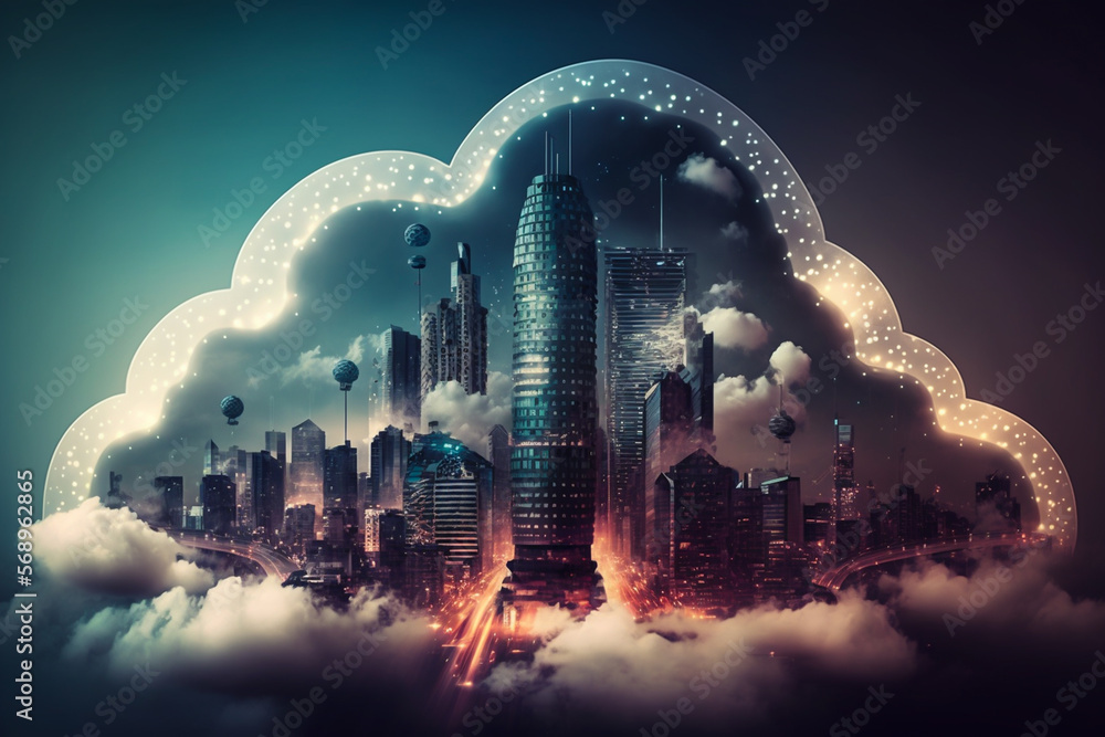 Cloud computing concept. Smart city wireless internet communication. Futuristic technology.
