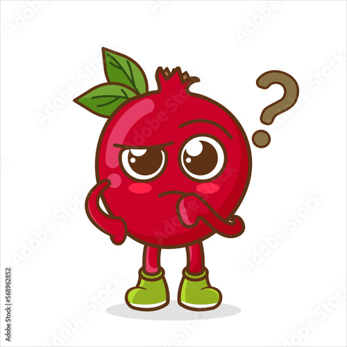 Pomegranate Fruit cartoon mascot character in a confused gesture with question